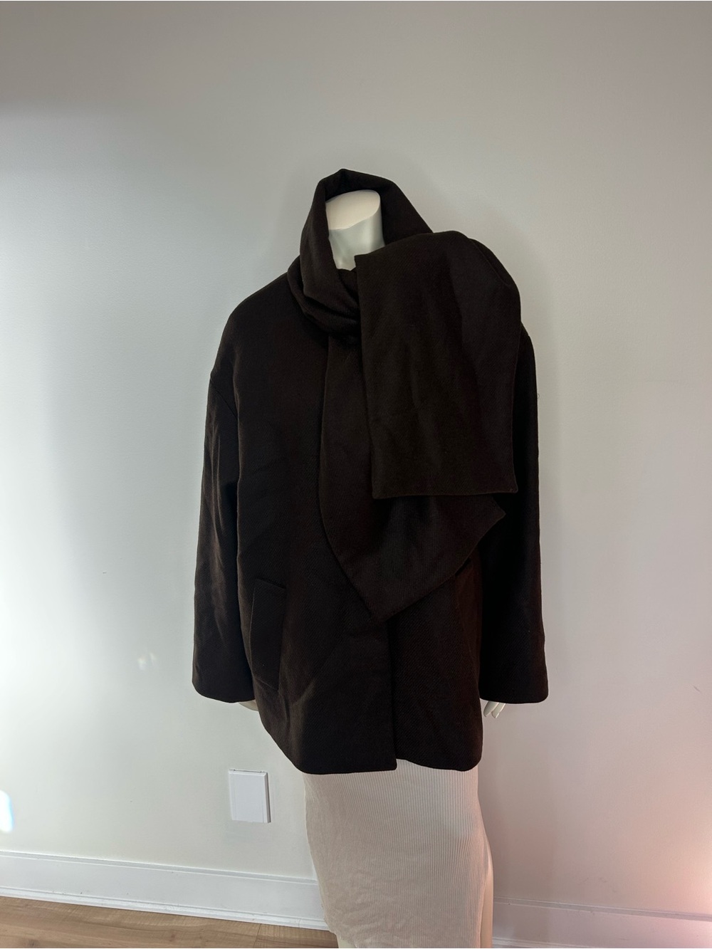 Zara Dark Brown Scarf-Collar Wool Pea Coat